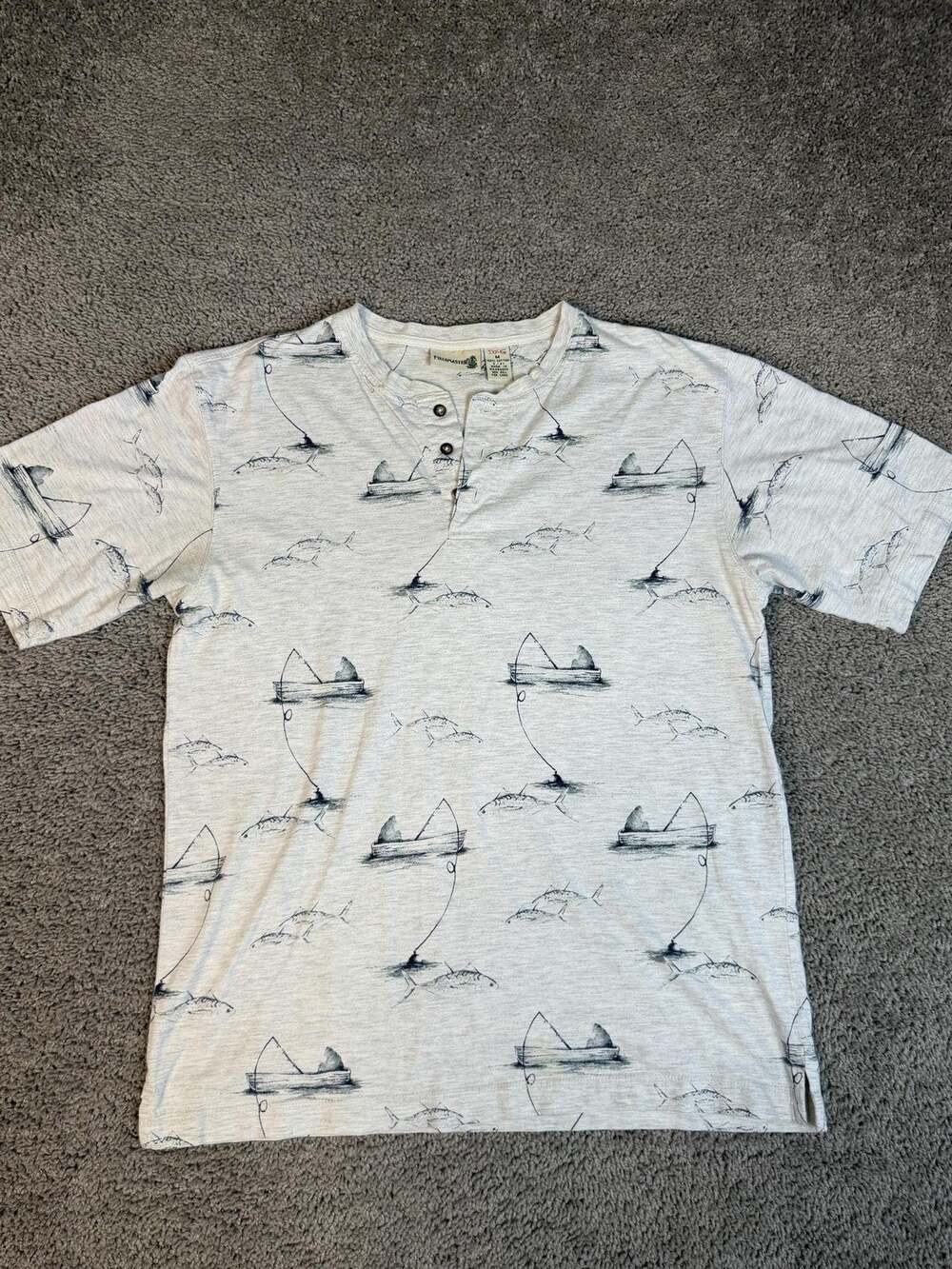Fieldmaster Shirt Mens M Gray Fishing Boat Fish Graphic Henley Button Cotton